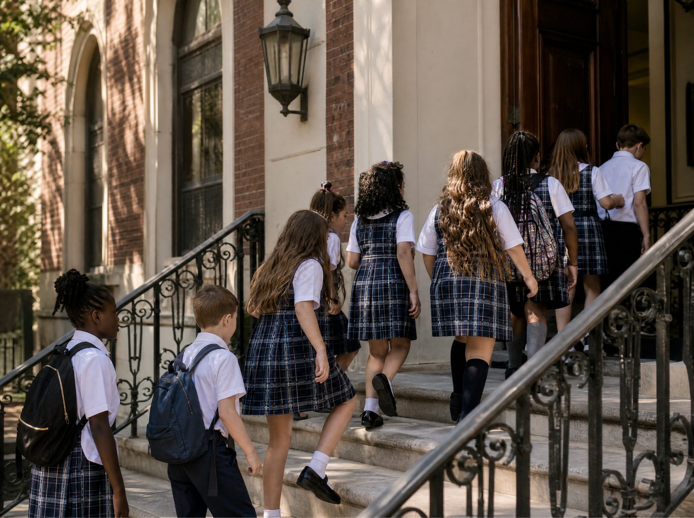 Students in plaid uniforms on the steps of a New Orleans Catholic school
