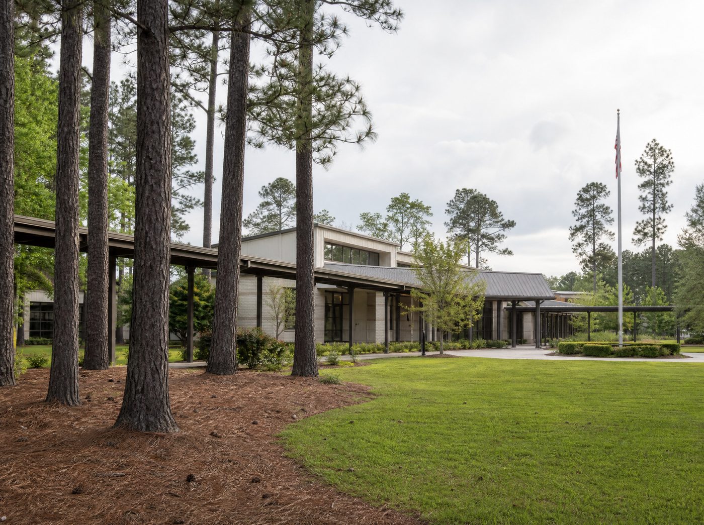 Northshore school campus under tall pines near Covington, Louisiana